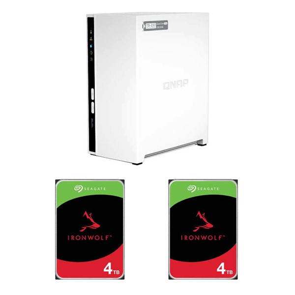 Picture of QNAP TS-233-US 2 Bay Affordable Desktop Network Attached Storage (ARM Cortex-A55 Quad-core Processor/ 2 GB DDR4 RAM/ 1 Year Warranty) +2 x Seagate & 4TB IronWolf NAS HDD (3.5" 6GB/S SATA 256MB/ 3 Years Warranty)